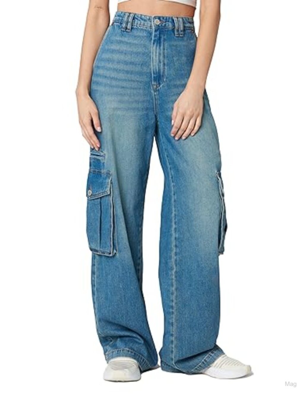 High Rise Wide Leg Cargo Pants Relaxed Fit Cotton